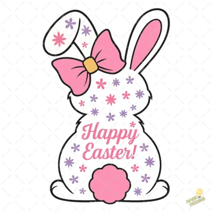 Silueta Conejita Happy Easter con Lazo y Flores – Vector y PNG 4K