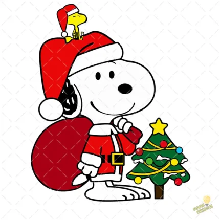 Snoopy Santa Claus con Saco de Regalos y Arbolito – Vector y PNG 4K