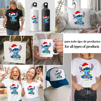 Stitch con Gorro de Santa y Luces Navideñas – Diseño Vectorial Gratis y PNG 4K