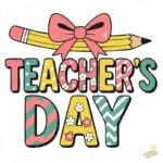 Teacher's Day con Lápiz Lazo Rosa y Patrones de Flores – Vector y PNG 4K
