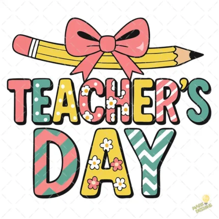 Teacher's Day con Lápiz Lazo Rosa y Patrones de Flores – Vector y PNG 4K