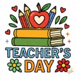 Teacher's Day con Manzana Corazón y Libros Apilados – Vector y PNG 4K