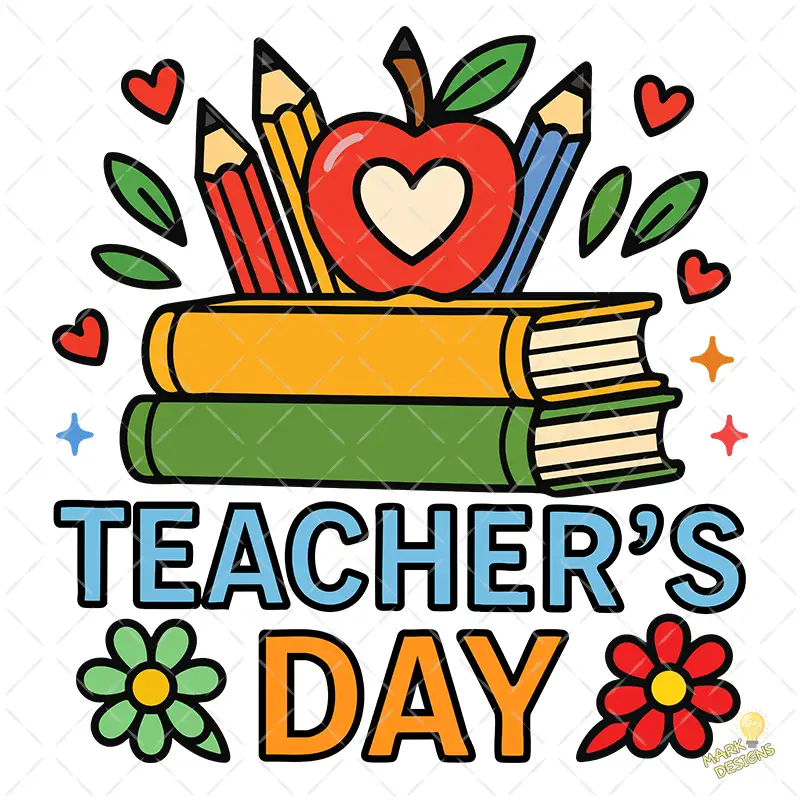 Teachers Day con Manzana Corazón y Libros Apilados – Vector y PNG 4K Teacher's Day con Manzana Corazón y Libros Apilados – Vector y PNG 4K