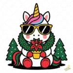 Unicornio Navideño con Gafas de Sol y Flor de Pascua – Vector y PNG 4K