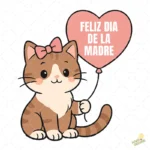 Vector Gato Kawaii con Globo Rosa Día de la Madre – Ilustración 4K para Stickers