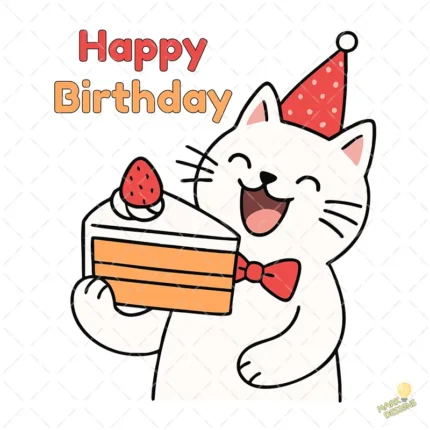 Vector Gato con Gorro de Fiesta y Tarta – Ilustración 4K para Stickers