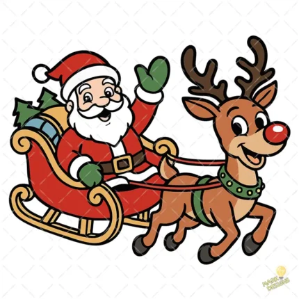 Vector Papá Noel en Trineo Rojo con Reno Sonriente – Ilustración 4K