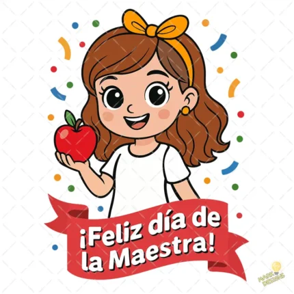 ¡Feliz día de la Maestra! con Manzana Roja y Confeti – Vector y PNG 4K