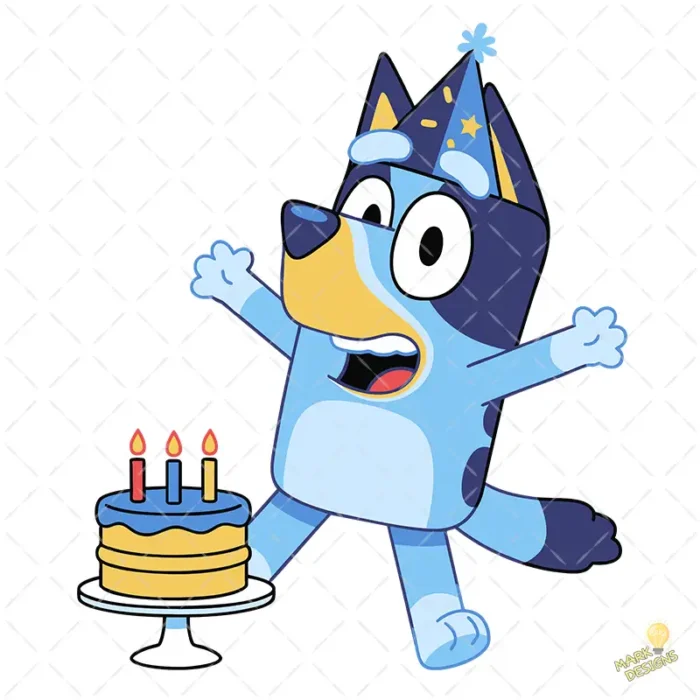 Bluey con Gorro de Fiesta y Pastel de Cumpleaños - Vector Sublimación