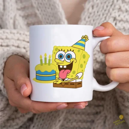 Bob Esponja con Pastel de Cumpleaños y Gorro de Fiesta - Vector