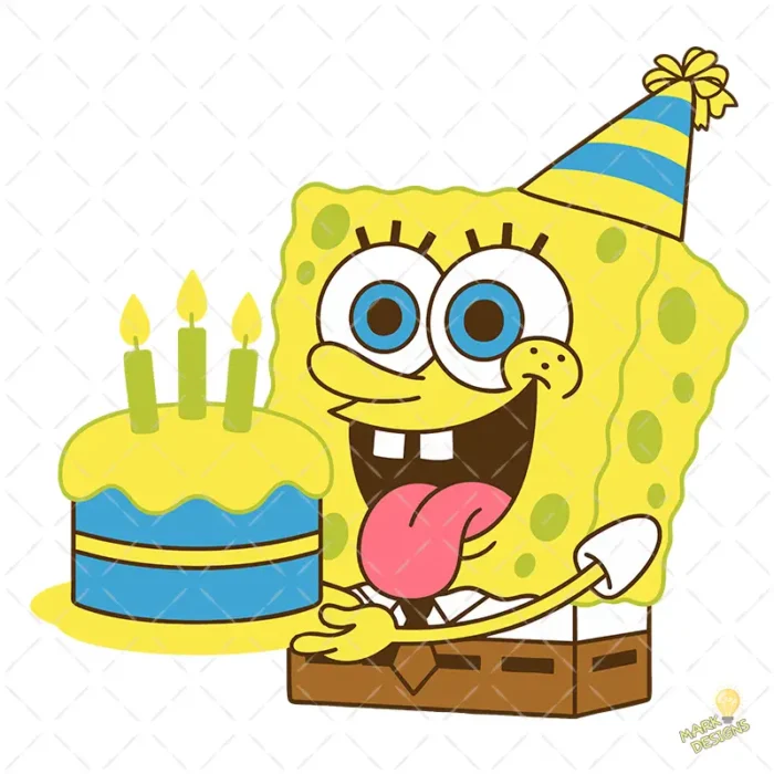 Bob Esponja con Pastel de Cumpleaños y Gorro de Fiesta - Vector