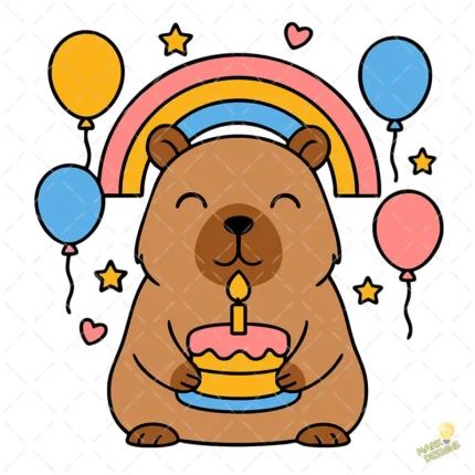 Capibara Kawaii con Arcoíris Pastel y Globos - Vector Gratis de Sublimación