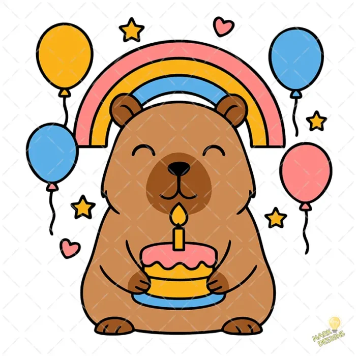 Capibara Kawaii con Arcoíris Pastel y Globos - Vector Gratis de Sublimación