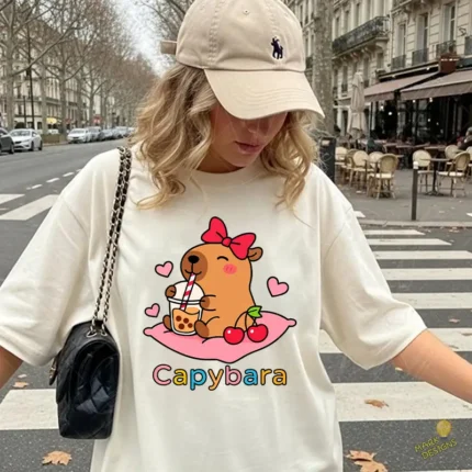 Capybara Coquette - Carpincho con Lazo Rosa y Té Boba para Stickers