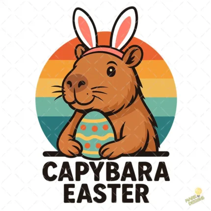 Capybara Easter Vector - Carpincho con Huevo de Pascua y Sol Retro