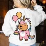 Capybara con Pijama de Unicornio Globos y Pastel Cumpleaños - Vector Kawaii