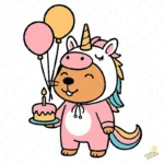 Capybara con Pijama de Unicornio Globos y Pastel Cumpleaños - Vector Kawaii