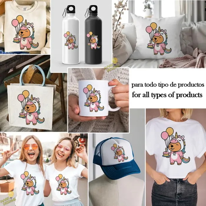 Capybara con Pijama de Unicornio Globos y Pastel Cumpleaños - Vector Kawaii - Image 3