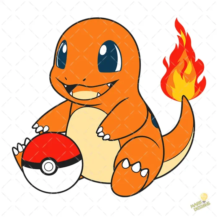 Charmander Sentado con Pokebola y Cola de Fuego - Vector Sublimación