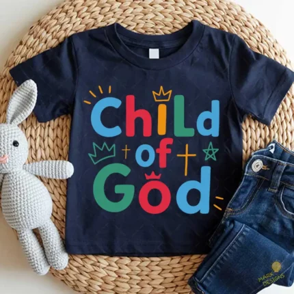 Child of God SVG - Frase Cristiana Colorida con Coronas y Cruz para Niños