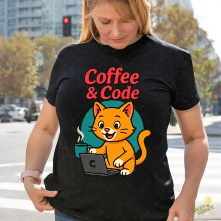 Coffee and Code Vector - Gatito Programador con Laptop y Café