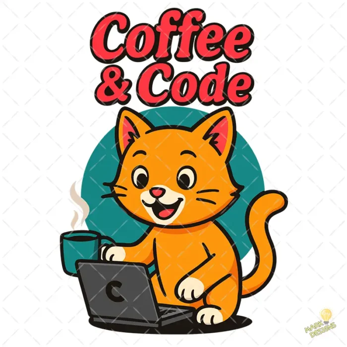 Coffee and Code Vector - Gatito Programador con Laptop y Café