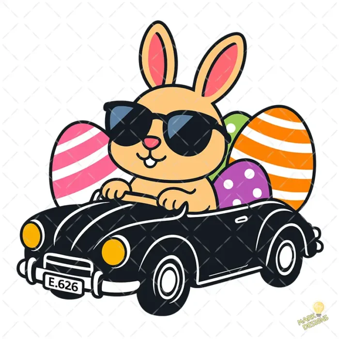 Cool Easter Bunny Vector - Conejo con Gafas de Sol Conduciendo Coche Retro