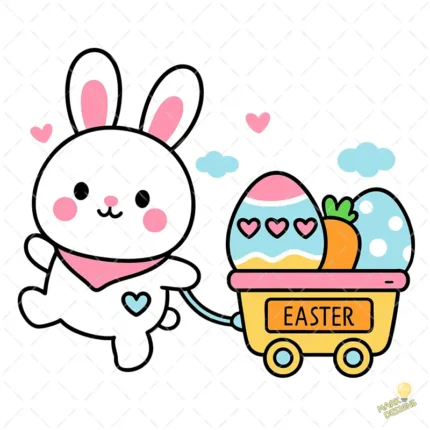 Cute Bunny Wagon Vector - Diseño para Cricut y Sublimación con Corazones y Nubes