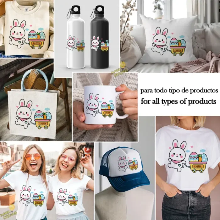 Cute Bunny Wagon Vector - Diseño para Cricut y Sublimación con Corazones y Nubes