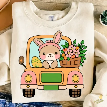 Easter Bunny Jeep Vector - Conejita en Coche con Flores y Huevos de Pascua