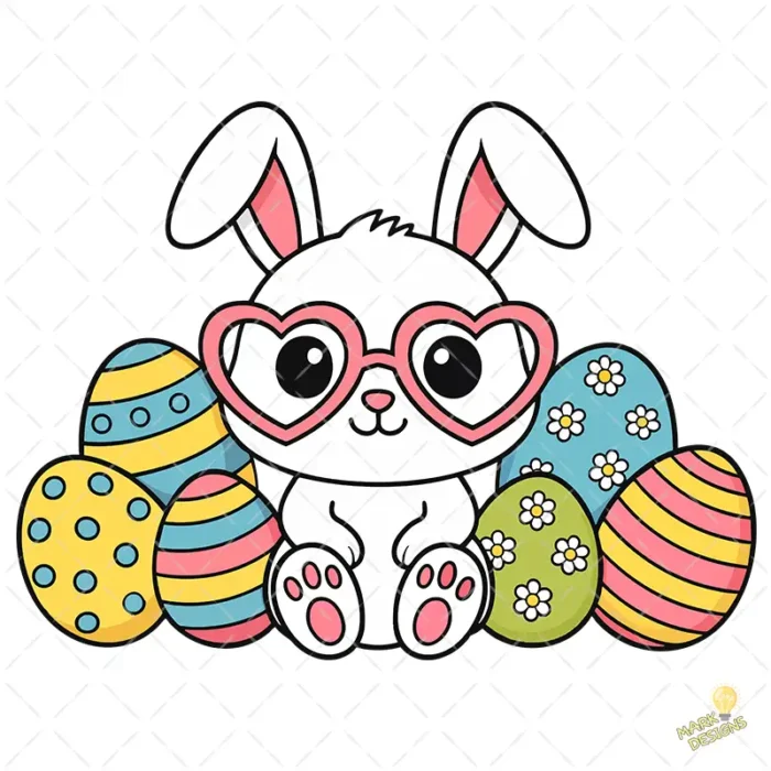 Easter Bunny Vector Gratis - Conejo con Gafas de Corazón y Huevos de Pascua