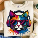 Gato DJ con Auriculares y Gafas de Colores – Diseño Vectorial y PNG 4K
