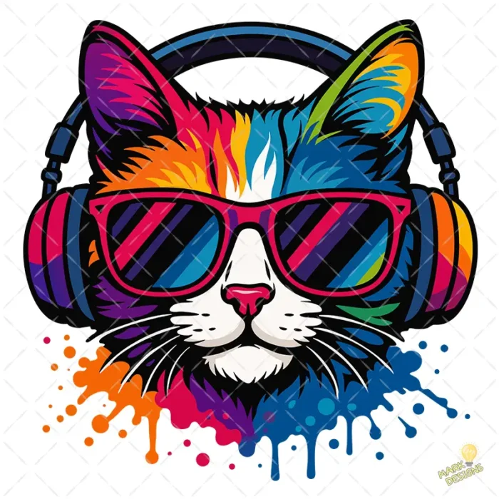 Gato DJ con Auriculares y Gafas de Colores – Diseño Vectorial y PNG 4K