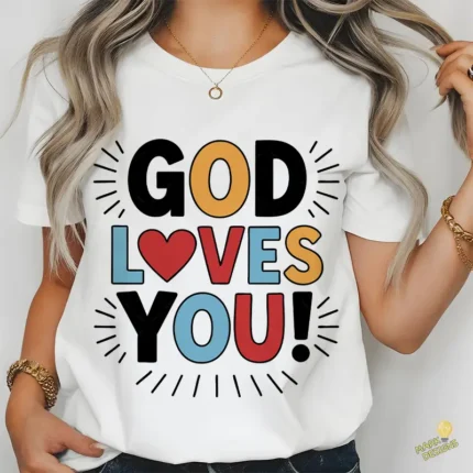 God Loves You Vector - Tipografía Bubbly de Colores con Corazón para Camisetas