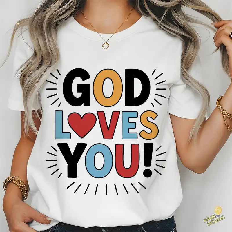 God Loves You Vector - Tipografía Bubbly de Colores con Corazón para Camisetas