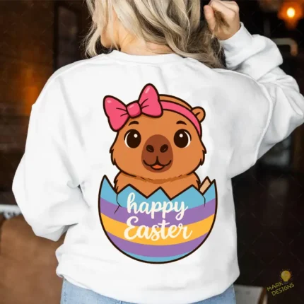 Happy Easter Vector- Carpincho en Huevo de Pascua con Lazo Rosa
