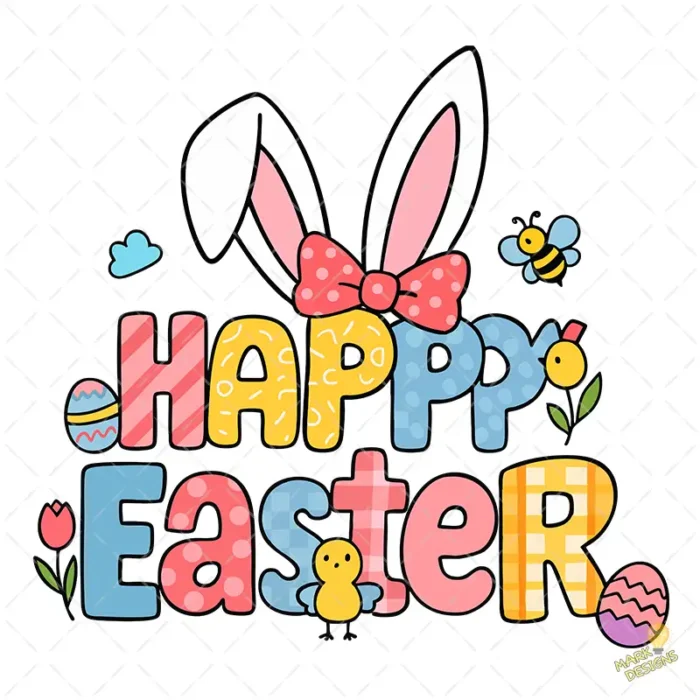 Happy Easter Vector - Tipografía Bubbly con Patrones de Colores para Pascua - Image 2