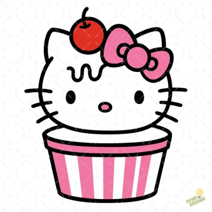 Hello Kitty Cupcake Vector - Gatita en Magdalena con Cereza y Lazo Rosa