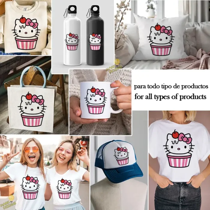 Hello Kitty Cupcake Vector - Gatita en Magdalena con Cereza y Lazo Rosa