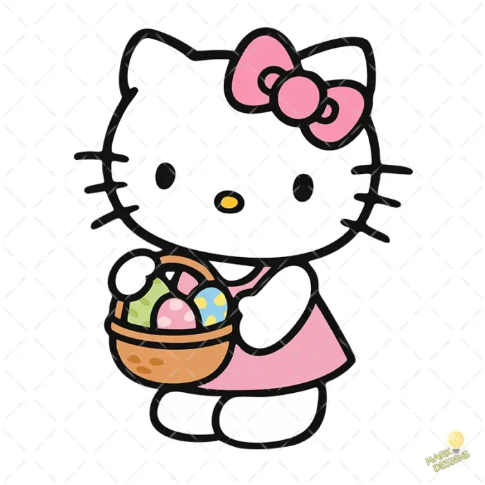 Hello Kitty Easter Vector - Gatita con Canasta de Huevos y Vestido Rosa