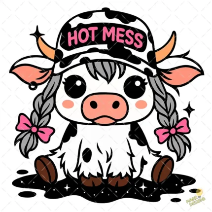 Hot Mess SVG - Vaca Highland con Trenzas y Gorra para Cricut