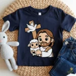 Jesús Buen Pastor Vector - Diseño de Jesús con Ovejita y Paloma para Niños