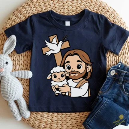 Jesús Buen Pastor Vector - Diseño de Jesús con Ovejita y Paloma para Niños