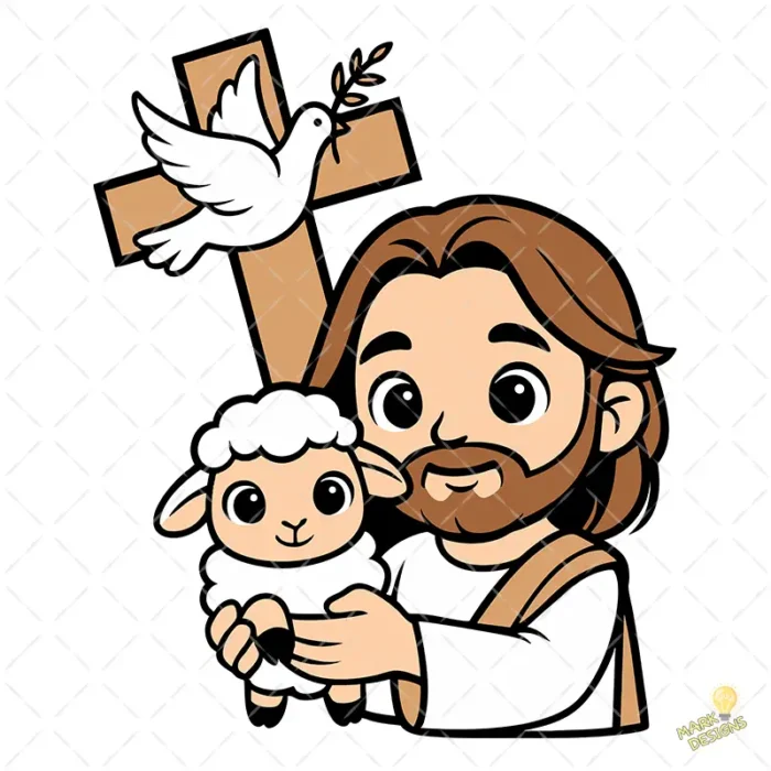 Jesús Buen Pastor Vector - Diseño de Jesús con Ovejita y Paloma para Niños