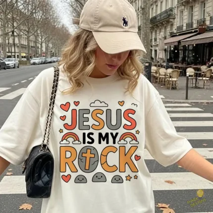 Jesús Is My Rock Vector - Frase Cristiana con Rocas Kawaii y Arcoíris