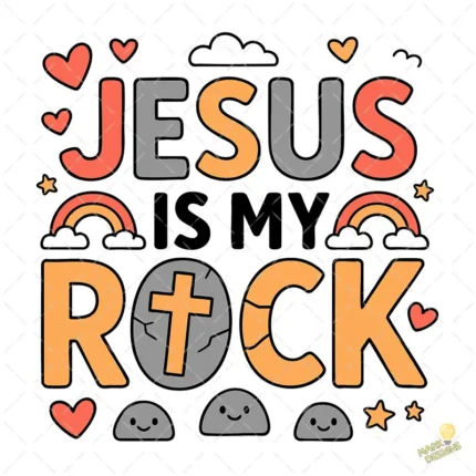 Jesús Is My Rock Vector - Frase Cristiana con Rocas Kawaii y Arcoíris