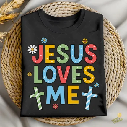 Jesús Loves Me Vector - Diseño Retro Groovy con Flores y Cruces para Sublimación