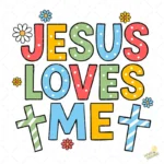 Jesús Loves Me Vector - Diseño Retro Groovy con Flores y Cruces para Sublimación