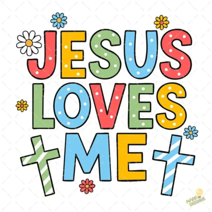 Jesús Loves Me Vector - Diseño Retro Groovy con Flores y Cruces para Sublimación