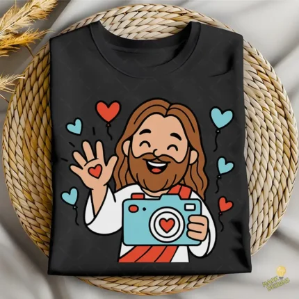 Jesús con Cámara Vector - Diseño Cristiano con Globos de Corazón para Sublimación